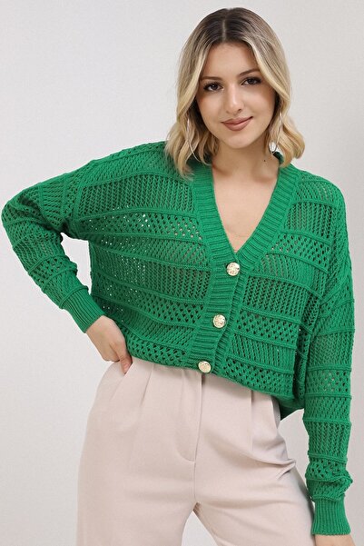 VEGENZE Women's Green Summer Hollowed Buttoned Cardigan