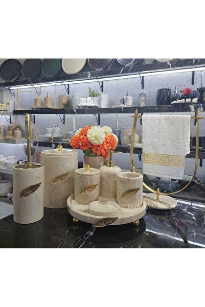 Sümeyra Marble Art Sumeria - Doğal Bej Mermer Banyo Seti | 9 Parça | Gold | M...