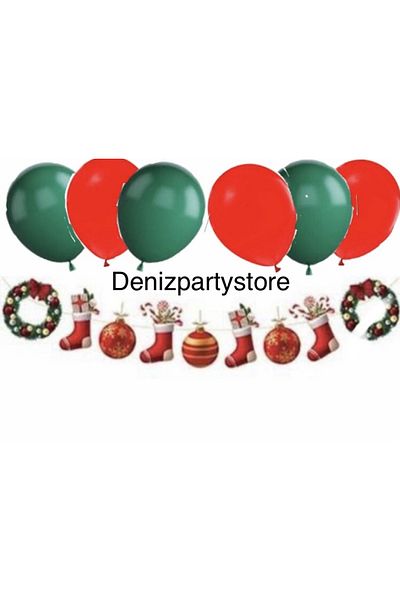 Deniz Party Store New Year Decorative Banner Wreath Wall Ornament with 3 Red and 3 Green Balloons (Printed on One Side)