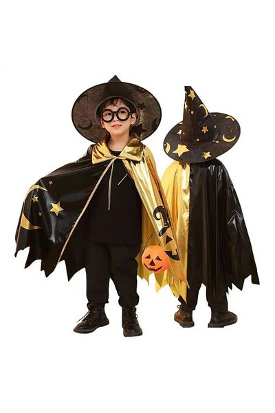 QUEEN AKSESUAR Imported girls boys children halloween holiday witch costume cape hat suit set gold black pattern