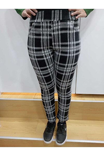 NUR TEKSTİL kadın siyah beyaz kareli kaşe kışlık esnek büyük beden pantolon