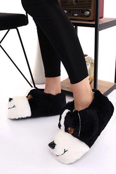 panduff Köpek Figürlü Peluş Yumuşacık Kaymaz Ve Ses Yapmaz Tabanlı Siyah-Beyaz Kışlık Ev Pandufu