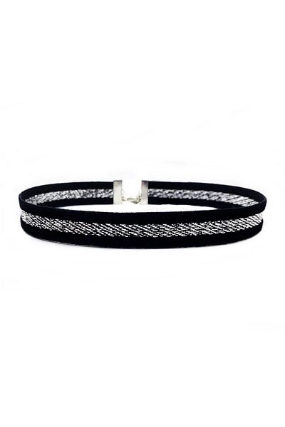 Bijustore White Glitter Embroidery Black Velvet Women's Choker Necklace