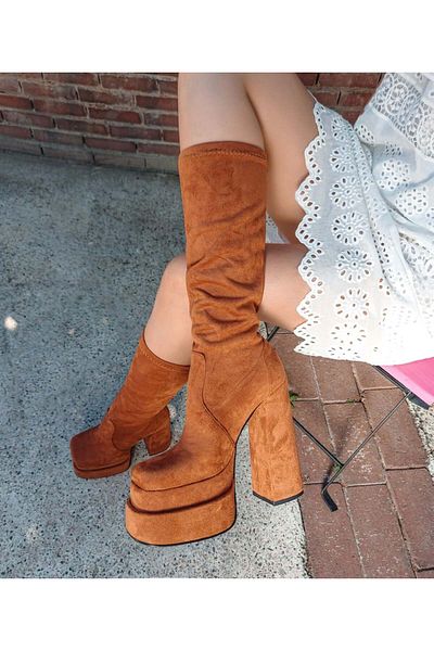 Sibel Durmaz Jasmin Tan Stretch Suede High Plaform Boots