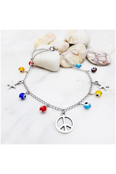 Bijustore Peace Symbol Evil Eye Beaded Anklet