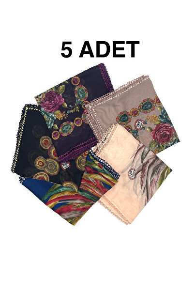 nazipek 5'li Set Toptan Hediyelik Çiçekli Desen Oyalı Pamuklu Yazma 100x100cm...