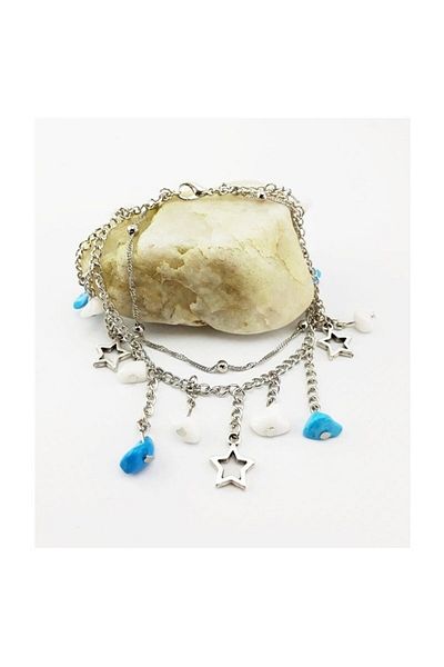 Bijustore Turquoise & Mother of Pearl Natural Stone & Dorica Chain Women's Special Design Multi-Anklet