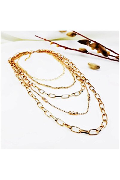Bijustore Gold Renk Kadın Çoklu Zincir Kolye