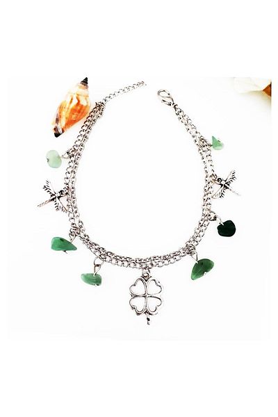 Bijustore Jade Stone Natural Stone Dragonfly & Clover Women's Anklet