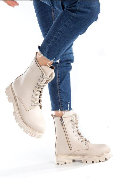 AYAKKABIMOOD Shoesmood Cc 3081 Γυναικείες μπότες με κορδόνια σε μπεζ πέτρα
