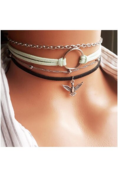 Bijustore Su Yeşili & Siyah Renk Süet Kadın Albatros Kuşu & Round Dörtlü Chok...