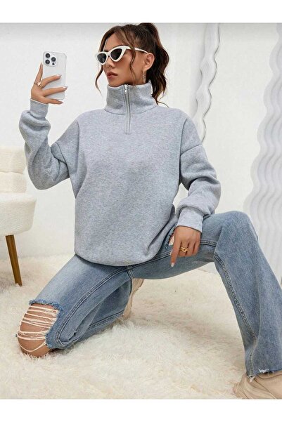 TREND Yarım Fermuarlı Dik Yaka Sweatshirt İçi Polarlı Kışlık