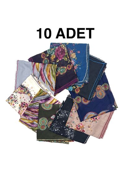 nazipek Set 10 esarfe din bumbac cu margini brodate 100X100cm