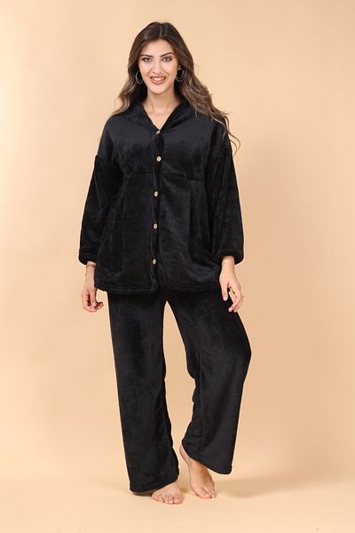 mervemoda Γυναικείο μαύρο Plus Size Ultra μαλακό μπροστινό πλισέ πιτζάμες με κουμπιά