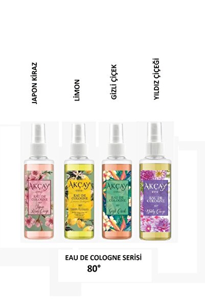 AKÇAY Eau De Cologne Çiçek Serisi 80°, Japon Kiraz, Yıldız Çiçeği,limon, Gizli Çiçek, 150ml Sprey