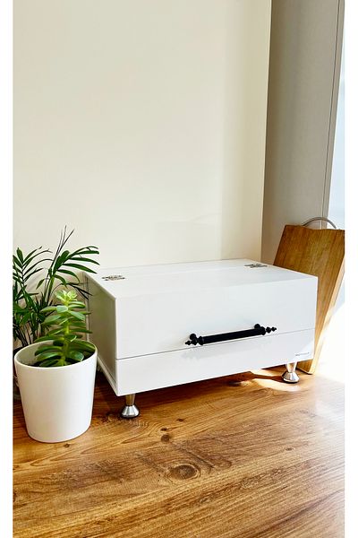 Mimoza Dignity Wooden Bread Box with White Black Handles and Chrome Legs
