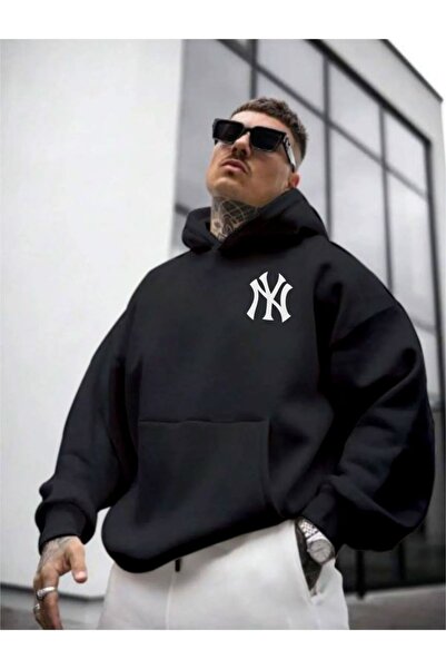 NİCE Мъжки черен суичър с качулка отпред и отзад, Ню Йорк
