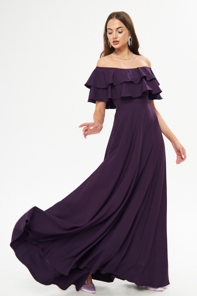 Bidoluelbise فستان سهرة وثوب التخرج بطول ماكسي وياقة مكشكشة بطبقة مزدوجة منخف...