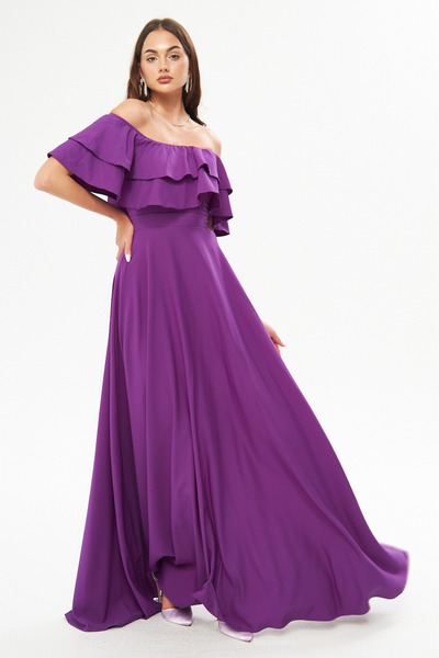 Bidoluelbise Off Shoulder Double Layer Ruffle Detail Neckline Maxi Length Fla...