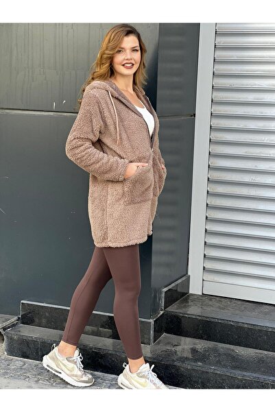 EtkiModa Γυναικείο μακρύ βελούδινο μπουφάν με κουκούλα βιζόν