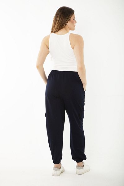 Şans Women's Large Size Navy Blue Elastic Waist and Leg Cargo Pocket Trousers 65N37243