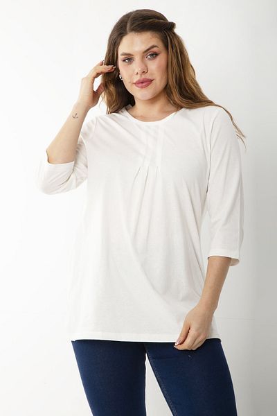 Şans Women's Bone Cotton Fabric Pleat Detailed Capri Sleeve Blouse 65N37225