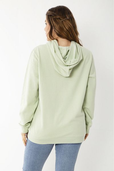 Şans Women's Large Size Green Sweatshirt with Charcoal Print and Hood Detail and Kangaroo Pocket 65N37209