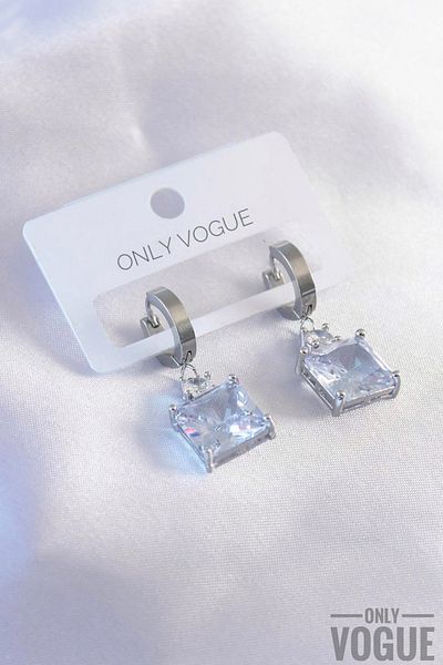 Only Vogue 2 Years Warranty Certified Steel Square Single Stone Earrings