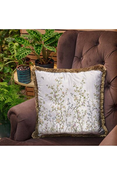 Adawall Home Pudra Tonlar Renkli Çiçek Dalları Desenli Püsküllü Kırlent Yastık