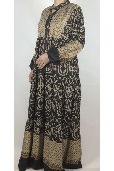 ECE GİYİM Oversize Ethnic Patterned Elastic Sleeve and Four Button Seasonal Dress