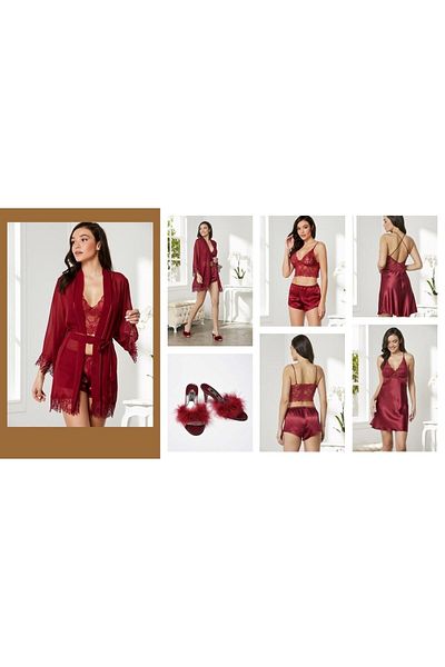 GC Satin Dressing Gown, Nightgown, Shorts Set, Dowry Package of 4 and Slippers