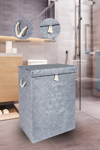 Pazar Kapısı Keçe Kapaklı Çok Amaçlı Mega Kutu Gri 55x41x30 Cm