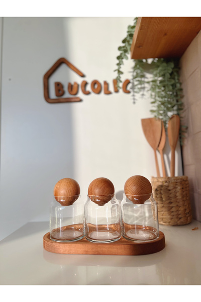 BUCOLIC Ahşap Standlı 3'lü Ahşap Top Kapaklı Cam Kavanoz Seti