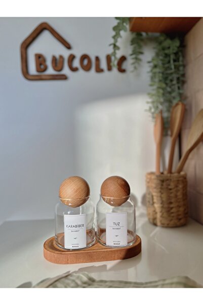 BUCOLIC Ahşap Standlı 2’li Ahşap Top Kapaklı Cam Baharatlık Seti / Karabiber-tuz