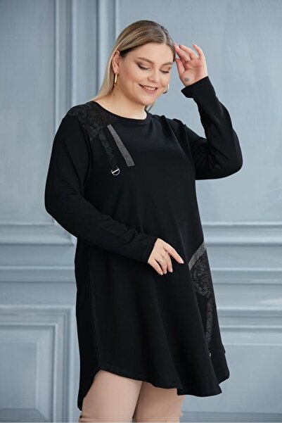 For Big Trend Women's Plus Size Pattern Blocked Accessory Detail Bias Cut Long Flexible Viscose Tunic