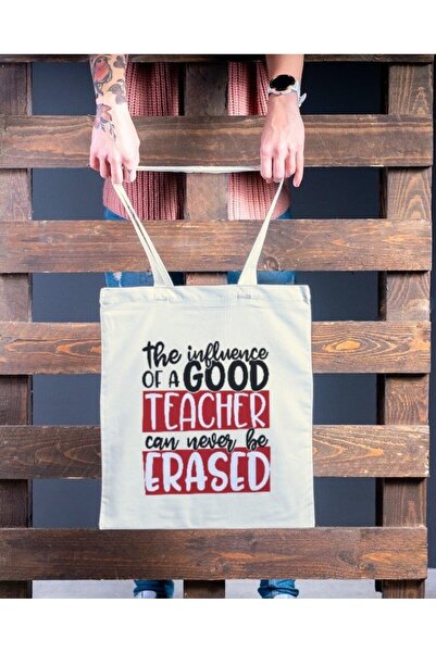 Eylül Design Teacher Themed Design Printed Organic Raw Cloth Bag(Cream Color ...