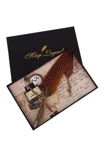 Profisher Retro Calligraphy Dip Pen Natural Freckled Feather Ink Set 5 Colors Orange