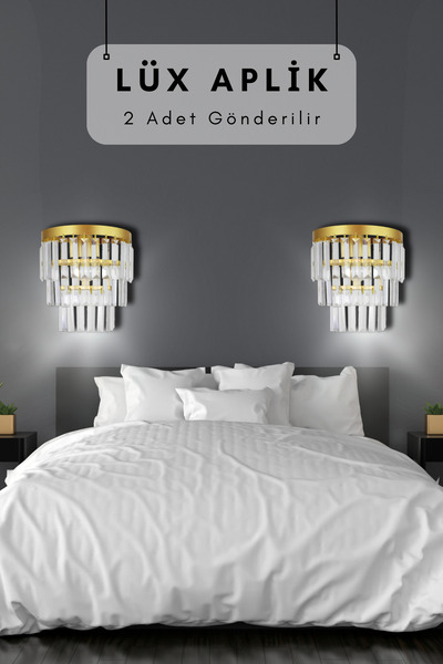 Birsen Aydınlatma Ziyafet 2'Li Gold Kristal Taşlı Lüks Aplik - Yatak Odası - Salon - Mutfak - Hol - Koridor