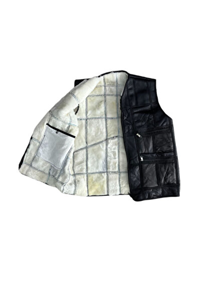 Lndr Patchwork Inside Fur-Outside Suede Genuine Leather Vest with Piping Detail
