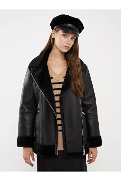 LC Waikiki Biker Yaka Düz Uzun Kollu Kadın Deri Görünümlü Mont