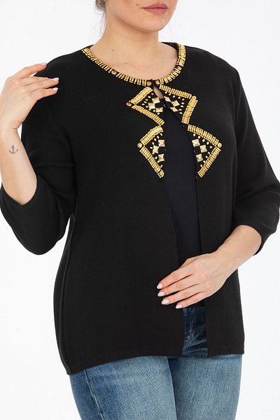 trikobis Gold Accessory Embroidered Three-Quarter Sleeve Wool Cardigan