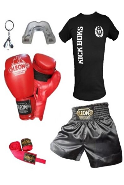 By Leon 1982 Siyah Boks Eldiveni + Leon Kick Boks Şortu + Tişört + Bandaj + D...