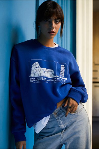 Eazy Co Eazy Italy Oversize Unisex Saks Μπλε Ποδηλατικό Φούτερ με χοντρό λαιμό
