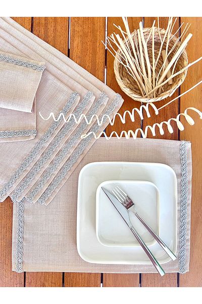 desen izmir American Service, Jute Textured, Linen Linen Gray Striped 6 Pieces
