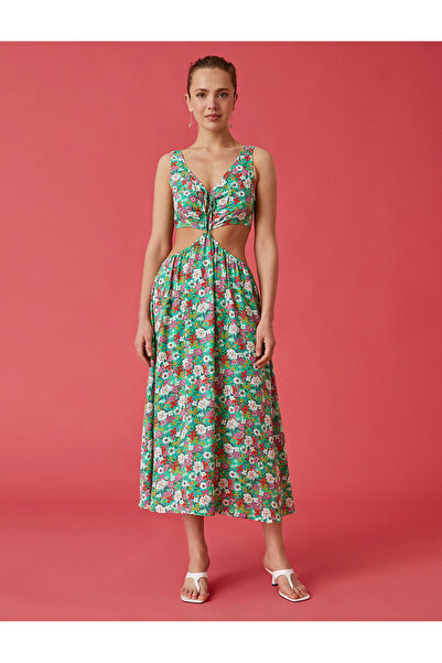 Koton Dlouhé květinové šaty se silnými ramínky a detailem okna