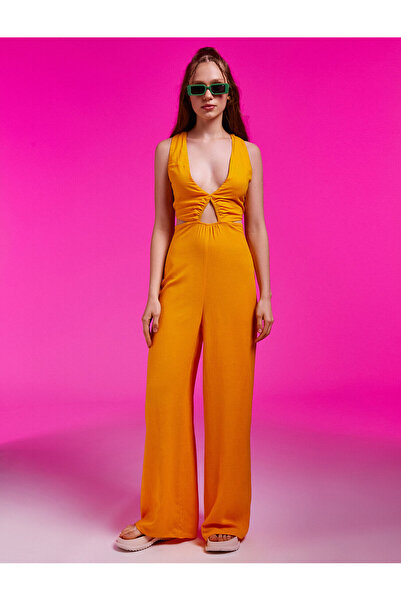 Koton Low-cut Wide Leg Jumpsuit with Window Detail Linen Blend
