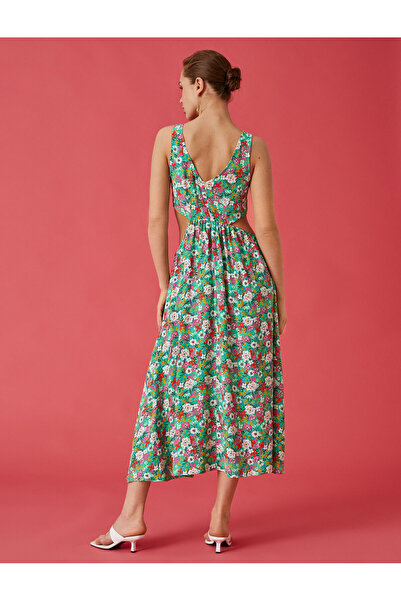 Koton Dlouhé květinové šaty se silnými ramínky a detailem okna