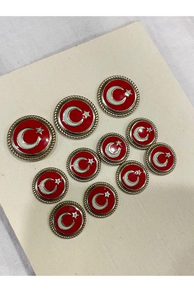 BALIM ÖRGÜ EVİ Blazer Jacket and Coat Button Set Metal Turkish Flag Patterned Silver