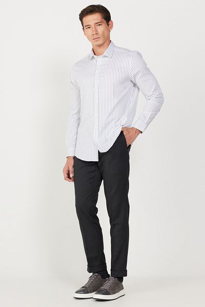 ALTINYILDIZ CLASSICS Мъжка бяло-зелена риза Slim Fit с класическа яка, 100% памучен райет