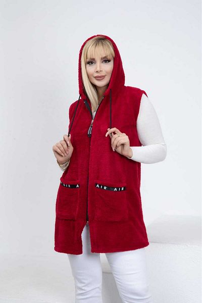 BİrHoşButik LARGE SIZE LYCRA SOFT POCKET HOODED RIBBED ZIPPER WINTER TREND SHORT SLEEVE PLUSH FLEECE VEST